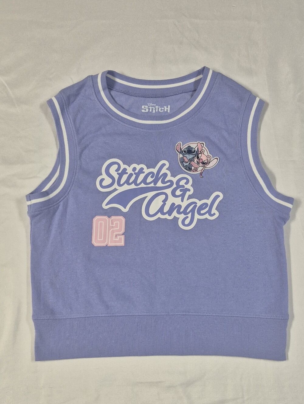 Disney Women's XL Stitch & Angel 02 Varsity Cropped Sweater Vest Purple